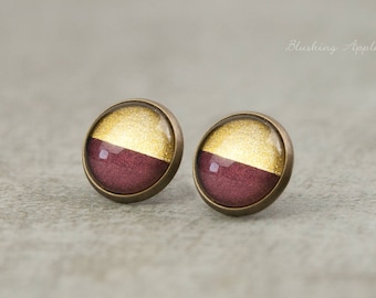 Earrings violet and gold-dip dye, 12 mm, hand-painted, minimalist earrings