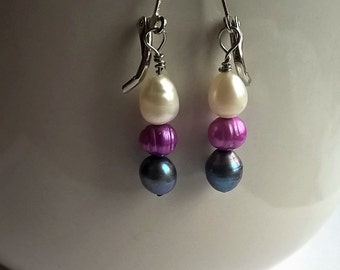 Dangle Lever Back Earrings: Dyed Freshwater Pearls- Green-Black, Magenta, Natural White