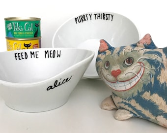 Upcycled Porcelain Cat Bowls, Customizable, Hand Painted, Funny Cute, Whisker Friendly