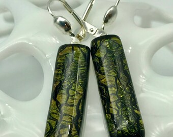 Dichroic Dark Green Glass Earrings, Fused Glass Earrings, Shimmery Colored Glass, Rectangle Glass Earrings