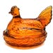 Vintage amber glass nesting hen on basket, roosting chicken with chicks, brown candy dish nest, farmhouse kitchen style, country decor