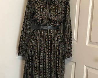 Vintage 70s Ronnie Heller for MJ tribal print long sleeved dress, size medium/large