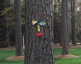 Tree Face Picasso Inspired Original Unique Garden Yard Art - Handmade Pottery