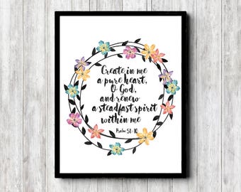 Psalm 51 : 10 Scripture Wall Art - Watercolor Wreath Girls Room /Nursery Print - Create In Me A Pure Heart Bible Verse - Christian Art