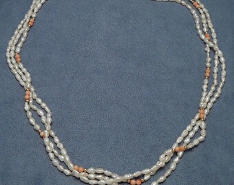 14K Gold Coral Freshwater Pearl 3 Strand Necklace