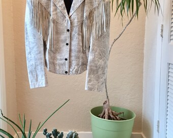 Vintage Glam Rock Fringe Acid Wash Leather Jacket sz S