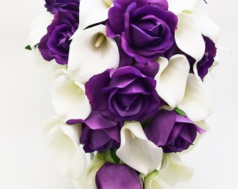 Purple & White Roses Picasso Calla Lilies Bridal Bouquet Real