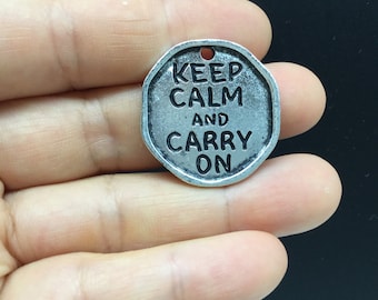 5ps Keep Calm And Carry On Rounded Octagon Tibetan Silver Pendant Charm 26x27mm
