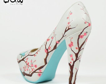 SAKURA - hand painted cherry, flowers, spring tree, birds shoes