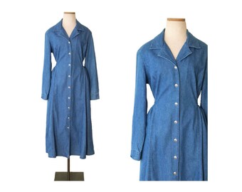 Vintage 80s FADS Long Sleeve Button up Front Denim Shirt Dress / Blue Jean Cotton Midi Shirtwaist Dress / 90s Button Down Maxi Womens 12