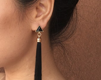 Gold and Black Tassel Earrings, triangle tassel earrings, black statement earrings, black drop earrings, silky tassel earrings