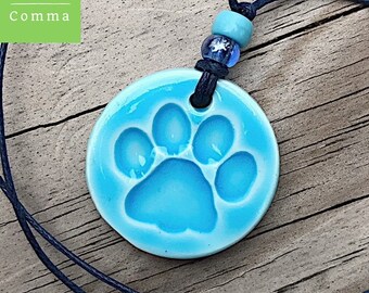 Ceramic paw print pendant, paw print necklace, paw print jewelry, pet lover gift, dog lover gift, glazed blue, porcelain paw print charm