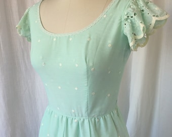 1970's MAXI dress /Size XS / Light Mint Green Blue Cotton Eyelet Formal Dress, Polka Dot, Embroidered, Romantic Boho Hippie Flower Power