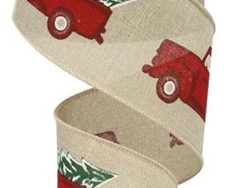 2.5 Christmas red truck ribbon, wired ribbon, vintage red truck, red truck, red truck ribbon, red truck wired ribbon, christmas ribbon
