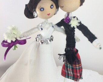 Customised bride and groom cake topper, Scottish, tartan