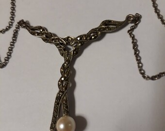Vintage Silver Marcasite Pearl Necklace