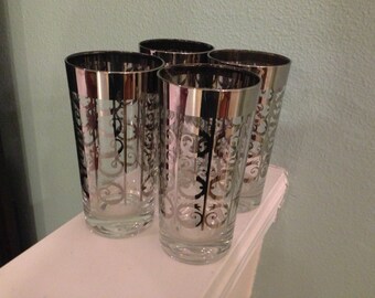 4 Silver Atomic Age Mad men Drinking Glass scroll work pattern
