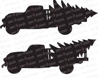 Christmas Tree Truck SVG Silhouette Graphic Download | DXF Cricut Cut File | Vintage Truck Christmas Tree in Old Truck