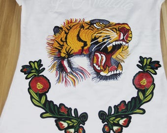 A Set of Tiger Embroidered Patch ,Tiger Applique with Letters for Garment,Large Tiger applique patch, iron on or sew on embroidery