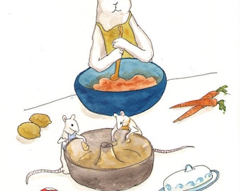 Reserved - Original Watercolor Rabbit Painting - Mixing the Batter