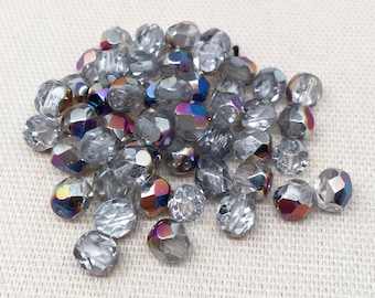 50 AB Translucent Silver Czech Faceted Glass Beads 6mm