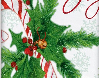 Happy holidays Joy candy cane holly berry holiday plastic tablecloth. UI49813