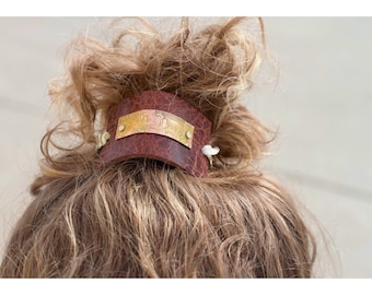 Yellow Leather and Copper Elastic Hair Bun Maker - Summer Hair Accessories - Messy Bun Hair Accessories - Messy Hair Bun - Ponytail Cuff