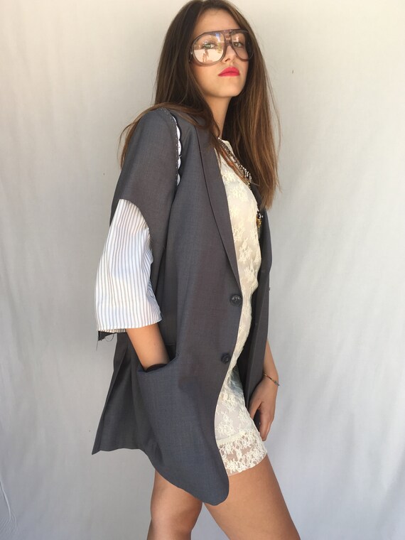 Short Sleeve LOLA DARLING Blazer Gray Jacket Raw-cut edges with trimmings Hand Finishing Unisex Clothing Limited Edition Hand Made in Italy