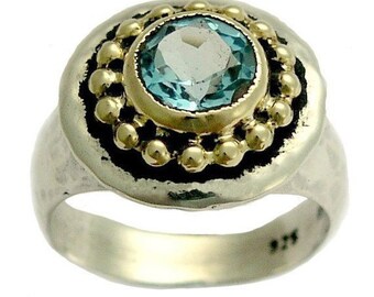 Gypsy ring, blue topaz ring, silver gold ring, princess crown ring, twotone ring, alternative ring, engagement ring - Magic act R1439C