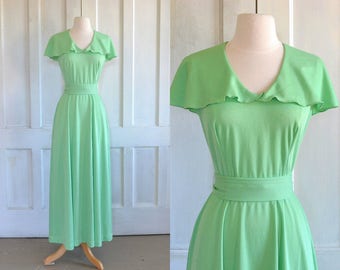 70s Maxi Dress Cape Collar Light Lime Green Belted Knit Dress