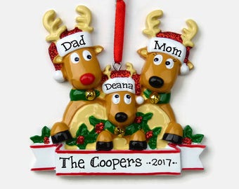 3 Reindeer Family Personalized Ornament - Rudolph Family of Three - Hand Personalized Christmas Ornament
