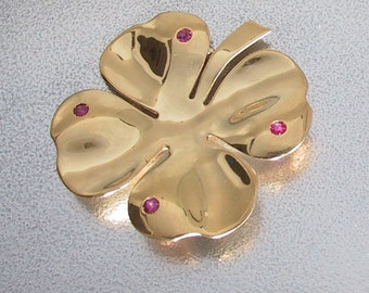 14K Gold 4 Leaf Clover Brooch Pin 16 grams, Lucky 14 Karat Gold Four Leaf Clover Brooch with Rubies, St. Patrick's Day Jewelry Clover Brooch
