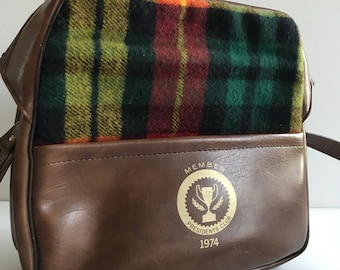 BOWLING Bag IDS Presidents Club 1974 Caramel Brown Vinyl Tartan Wool Accents Vintage Retro Bag