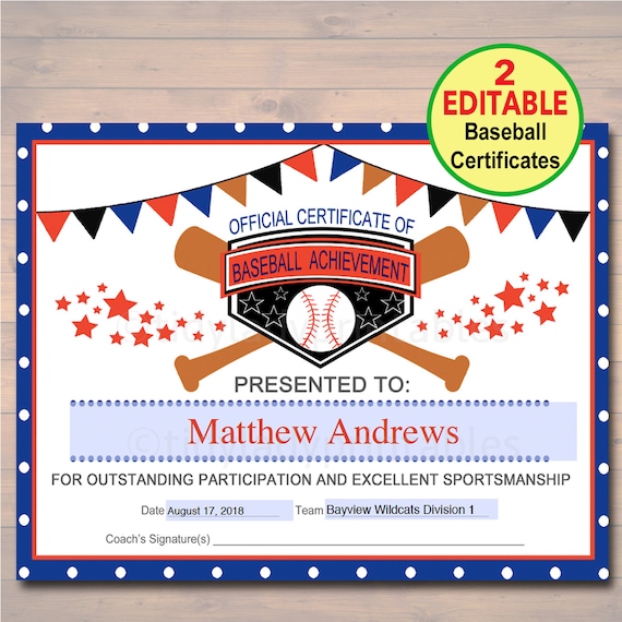 editable baseball award certificates instant download team t ball award certificates