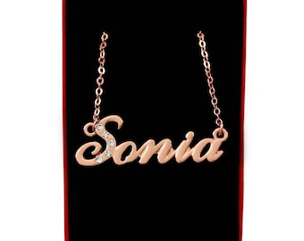 SONIA - 18K Rose Gold Plated Name Necklace With Swarovski Elements - Inc. Free Gift Box & Bag
