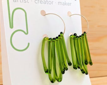 Spring Green Glass Dangle Sterling Silver Hoop Earrings