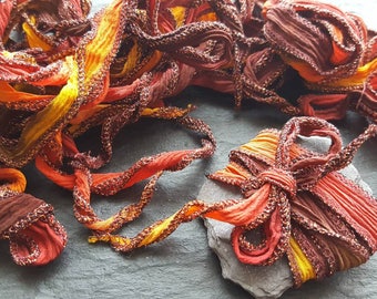 Autumn copper shades hand dyed silk ribbon 100% silk hand dyed crinkle ribbon bargain lot of 4 pieces bargsr04