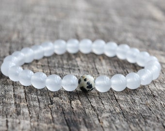 6mm Dalmatian Jasper Bracelet, White Jade Bracelet, Gemstone Bracelet, Womens Bead Bracelet, Mens Bracelet, Yoga Bracelet, Jewelry, Gifts