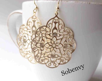 Filigree Pendant Earrings, Matte Gold Or Silver, Filigree Earrings, Boho Earrings, Drop Earrings