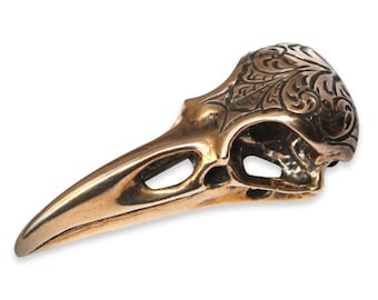 Raven Skull Necklace, Solid Bronze Raven Necklace, Engraved Bird Skull Pendant Necklace 313