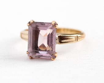 Simulated Amethyst Ring - Vintage 10k Rosy Yellow Gold Filled Purple Glass Statement - Size 6 Emerald Cut February Birthstone MH Jewelry