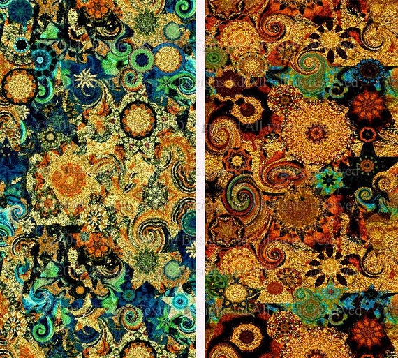 Textile Artist Made Quilting Fabric 2 Panels Fall Green Stars Sky Celestial Kaleidoscope