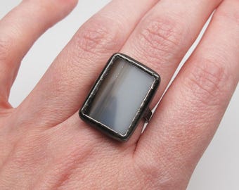 Shadowplay - Sterling Silver Stained Glass Ring - Size 8.5