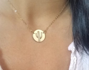 Cactus Necklace - Gold Cactus Pendant - Southwest Necklace - Desert Jewelry - Gold Disc Necklace - Personalized Necklace - Nature Necklace