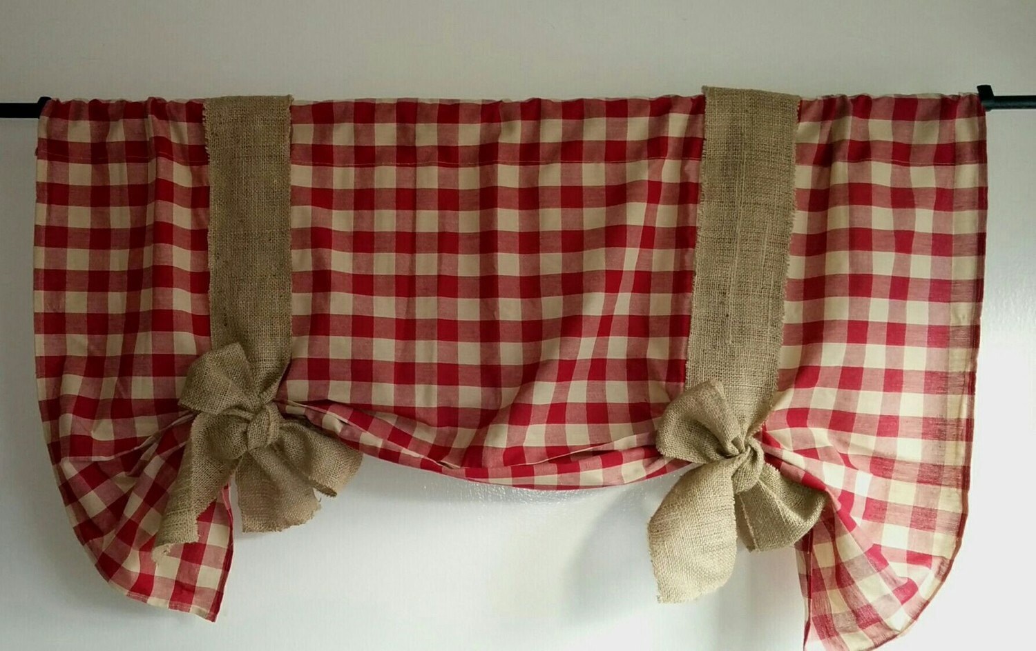 Burgundy Gingham Tie Up Valance with natural burlap tie