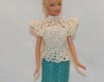Teal and taupe peplin dress fits Barbie
