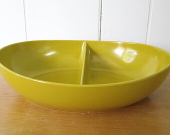 vintage mustard yellow divided melmac serving bowl