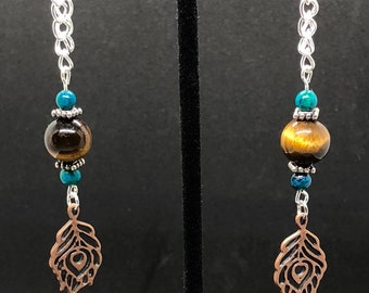 Tiger's Eye Feather Front Back Earrings