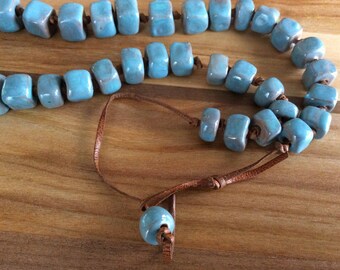 Mottled Blue Pottery Bead Necklace