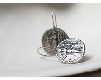 Sterling Silver Byzantine Angel Coin Necklace & Earrings Matching Set, Silver Byzantine Angel Coin Earrings, Byzantine Angel Coin Necklace